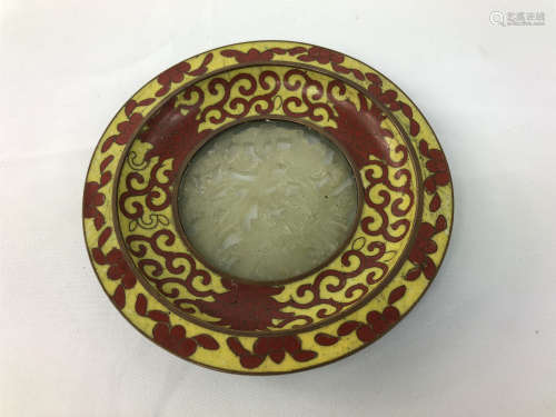 ESTATE CHINESE CLOISONNE JADE INLAID DISH NO RESERVE