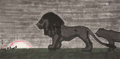 贾平西（b.1937） 双狮图 软片 设色纸本