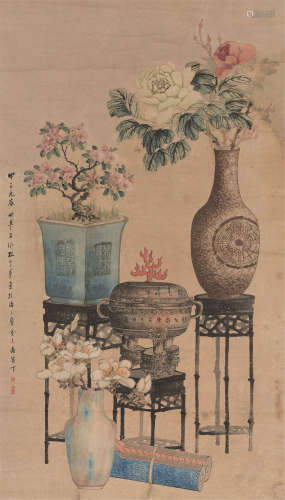 孔子瑜（1873～1926） 1924年作 清供图 立轴 设色纸本