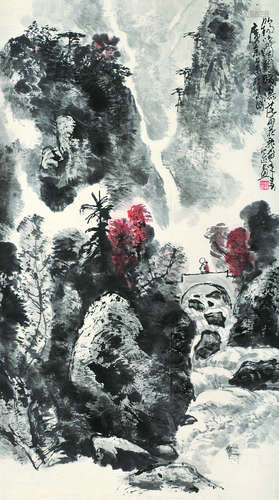 郭公达（b.1931） 1984年作 观瀑图 立轴 设色纸本