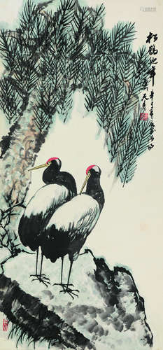 陶天月（b.1931） 2001年作 松鹤延年 立轴 设色纸本