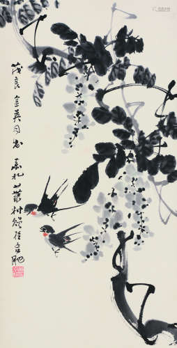 黄叶村（1911～1987） 紫藤双燕 立轴 设色纸本