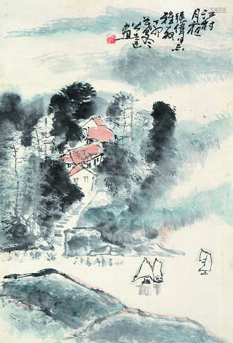 郭公达（b.1931） 1987年作 江村月夜 软片 设色纸本