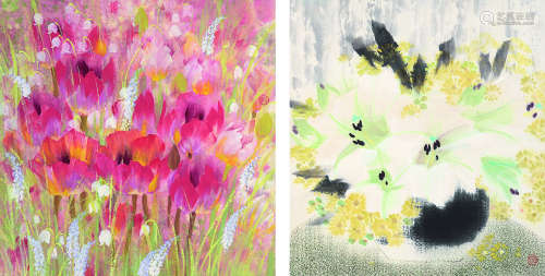 庞涛（b.1934） 花卉 （两幅） 镜片 设色纸本