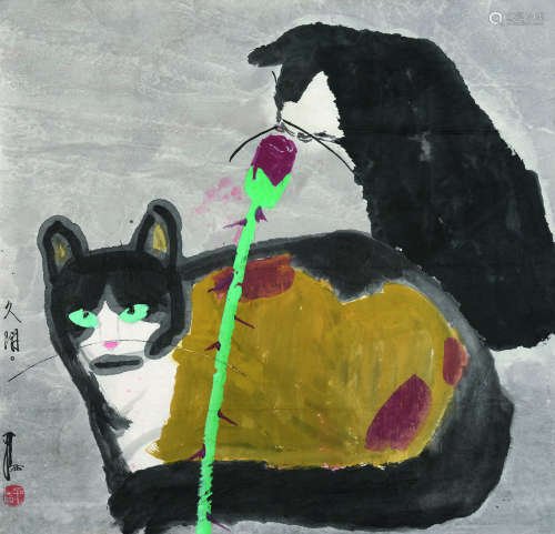 贾平西（b.1937） 双猫图 软片 设色纸本