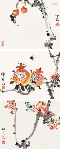 马坤光 荔枝与蝉图 石榴与蜜蜂图 蝴蝶花图 镜框 设色纸本