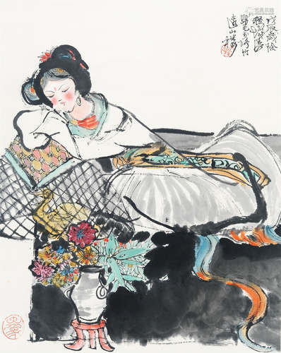 CHINESE SCROLL PAINTING OF GIRL WITH FLOWER