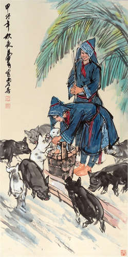 CHINESE SCROLL PAINTING OF GIRLS WITH PIGS