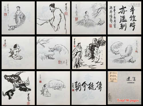 NINETY-SIX PAGES OF CHINESE ALBUM PAINTING OF FIGURES AND ANIMALS