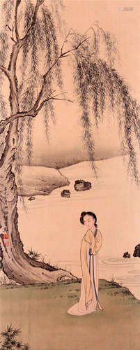 CHINESE SCROLL PAINTING OF LADY BY RIVER