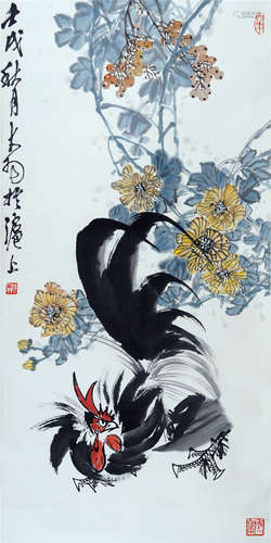 CHINESE SCROLL PAINTING OF ROOSTER AND FLOWER