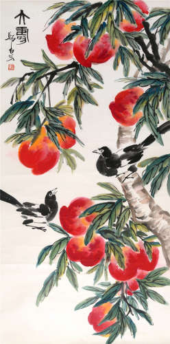 CHINESE SCROLL PAINTING OF BIRD AND PEACH