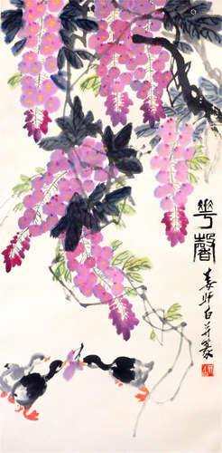 CHINESE SCROLL PAINTING OF DUCKS AND FLOWER