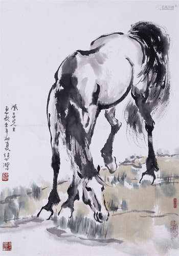 CHINESE SCROLL PAINTING OF HORSE BY RIVER WITH PUBLICATION