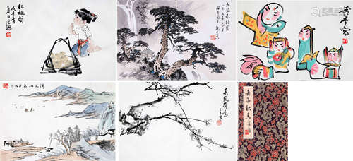 FIVE PAGES OF CHINESE ABLUM PAINTING OF FIGURES