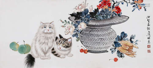 CHINESE SCROLL PAINTING OF CAT AND FLOWER