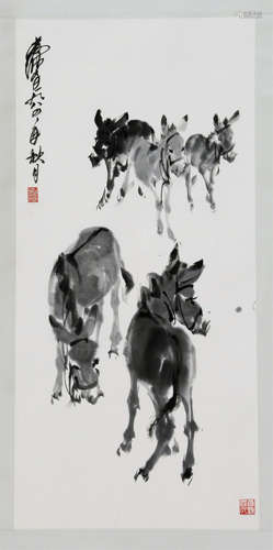 CHINESE SCROLL PAINTING OF DONKEY WITH PUBLICATION