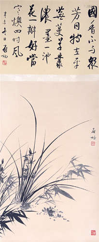 CHINESE SCROLL PAINTING OF ORCHID WITH CALLIGRAPHY