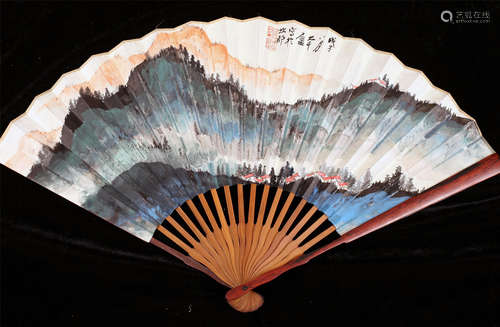 CHINESE FAN PAINTING OF MOUNTAIN VIEWS AND CALLIGRAPHY