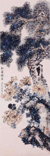 CHINESE SCROLL PAINTING OF PINE AND FLOWER