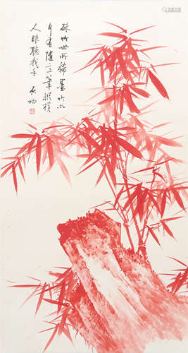 CHINESE SCROLL PAINTING OF BAMBOO AND ROCK