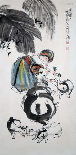 CHINESE SCROLL PAINTING OF GIRL WITH SHEEP