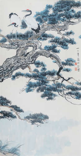 CHINESE SCROLL PAINTING OF CRANE ON PINE