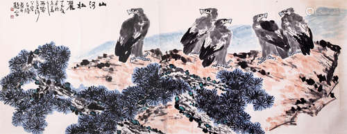 CHINESE SCROLL PAINTING OF EAGLES ON ROCK