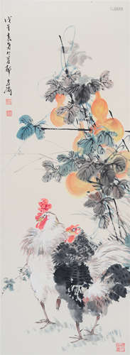 CHINESE SCROLL PAINTING OF ROOSTER AND FLOWER