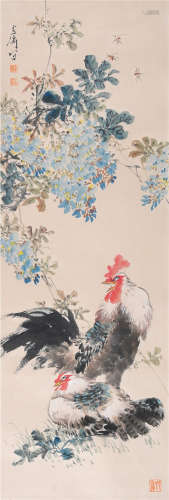 CHINESE SCROLL PAINTING OF ROOSTER AND FLOWER