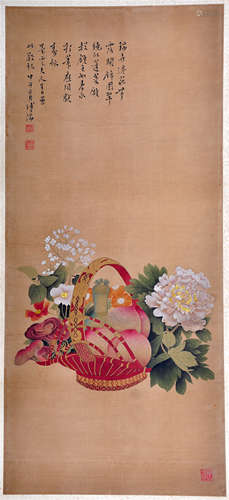 CHINESE SCROLL PAINTING OF FLOWER IN BASKET