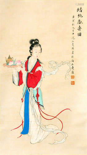 CHINESE SCROLL PAINTING OF BEAUTY WITH PEACH