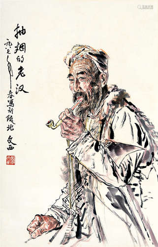 CHINESE SCROLL PAINTING OF OLD MAN WITH PIPE