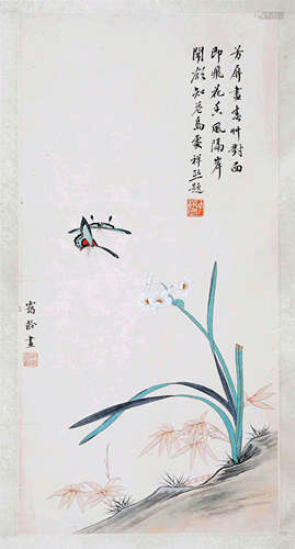 CHINESE SCROLL PAINTING OF ORCHID AND BUTTERFLY