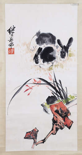 CHINESE SCROLL PAINTING OF RABBIT AND ORCHID