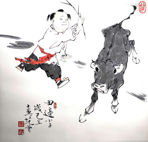 CHINESE SCROLL PAINTING OF BOY WITH OX