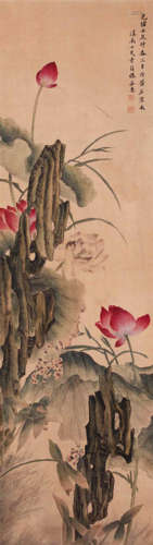 CHINESE SCROLL PAINTING OF FLOWER AND ROCK