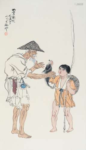 CHINESE SCROLL PAINTING OF FISHMAN AND BOY