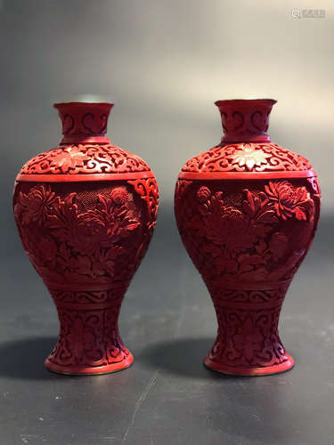 PAIR OF CHINESE CINNABAR LACQUER VASES