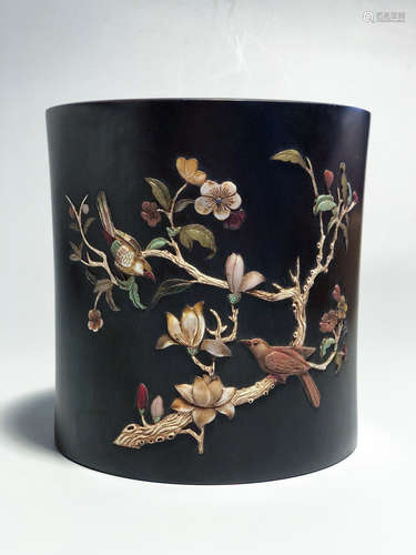 CHINESE HARDWOOD BRUSH POT WITH INLAID