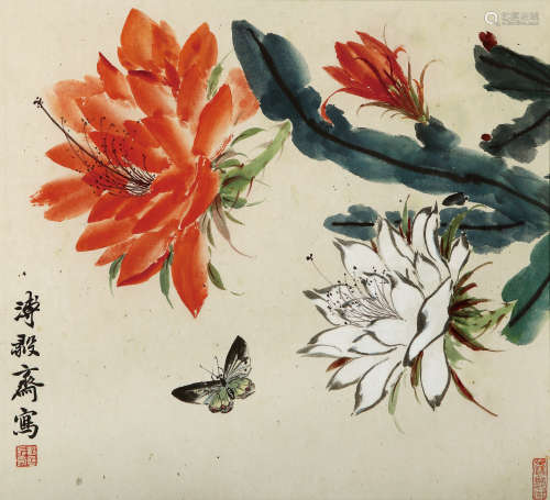 溥僴（1901-1966） 花蝶图 设色纸本 镜框