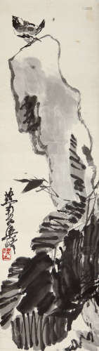 梁崎（1909-1996） 蕉叶石鸟 设色纸本 立轴