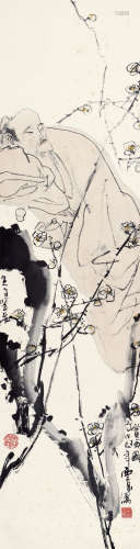王西京（b.1946） 1988年作 赏梅图 设色纸本 镜框