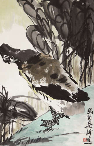 梁崎（1909-1996） 溪边鸭 设色纸本 立轴
