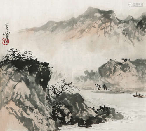孙其峰（b.1920） 江上纤夫 设色纸本 镜片