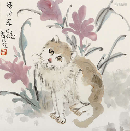 李孝萱（b.1959） 猫趣 设色纸本 镜框