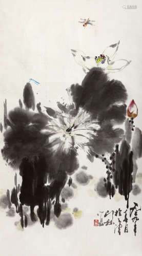 萧朗（1917-2010） 1979年作 荷花 设色纸本 托片
