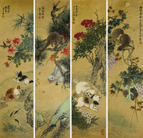 金梦石（1869-1952） 动物四屏 设色纸本 立轴
