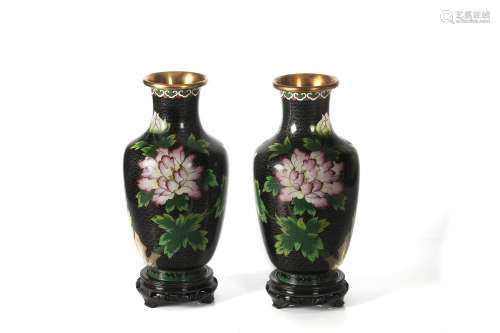 PAIR OF MIRRORED DESIGN BLACK CLOISONNE VASES MULTICOLORED FLORAL AND BIRD