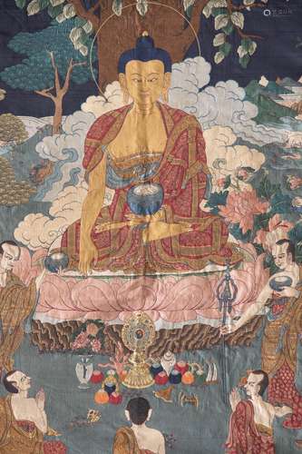 A TIBETAN SILK THANGKA OF SHAKYMUNI